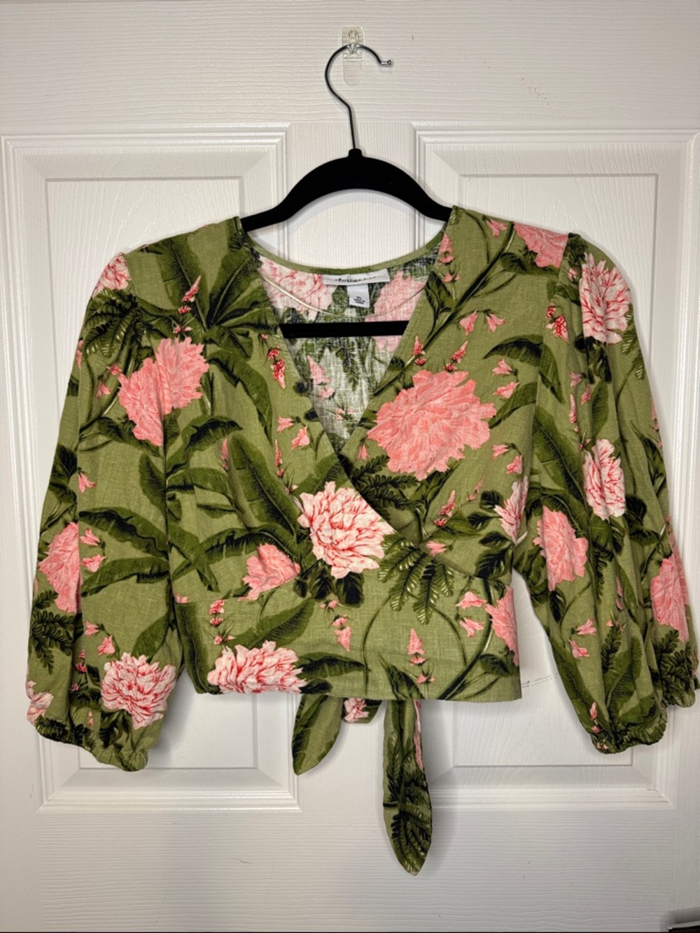 Agua Bendita x Target Collaboration Olive Green Wrap Top with Pink Floral Print